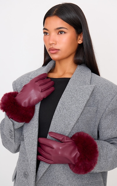 Burgundy PU Faux Fur Trim Gloves