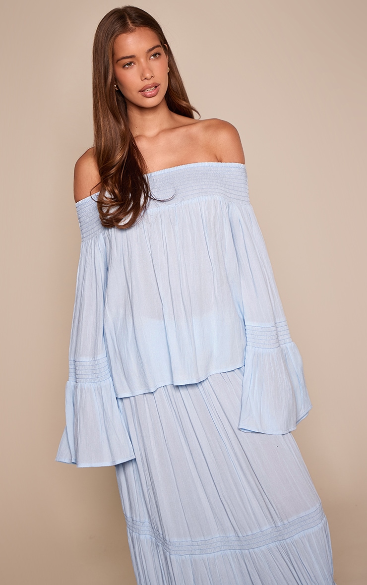 Blue Shirred Bardot Floaty Top
