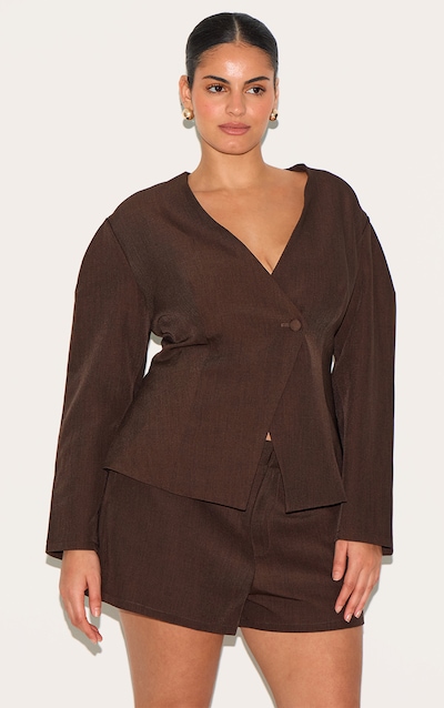 Plus Deep Chocolate Tailored Cinched Waist Asymmetric Blazer