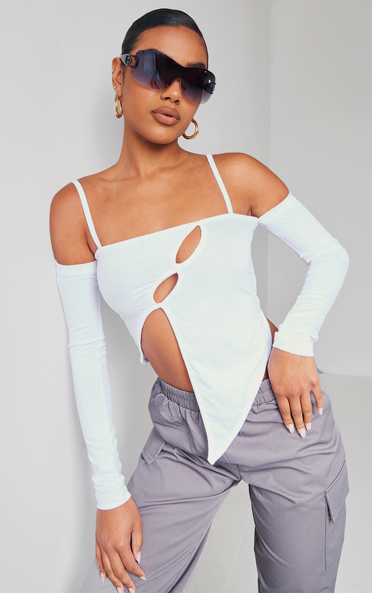 White Jersey Cold Shoulder Asymmetric Strappy Crop Top image 1