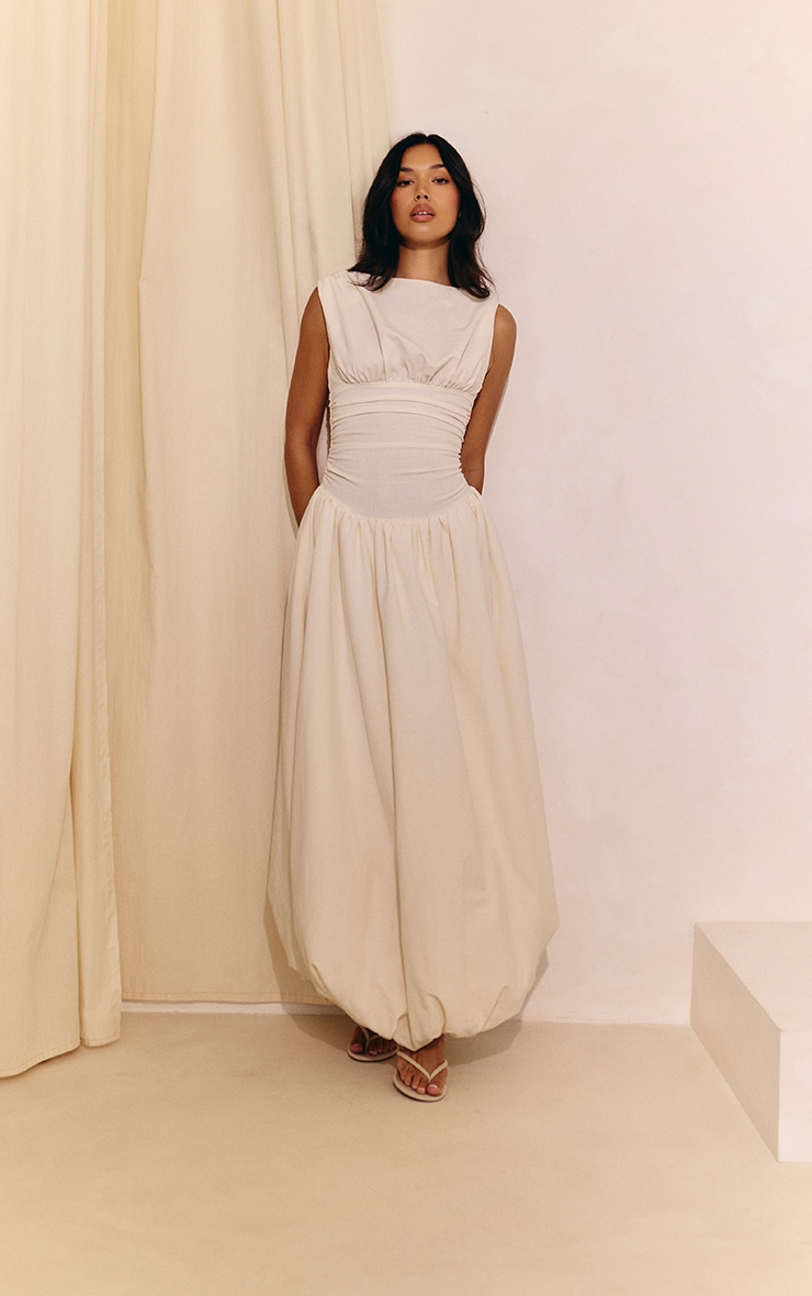 Cream Boat Neck Ruched Detail Puffball Maxi Dress image 1