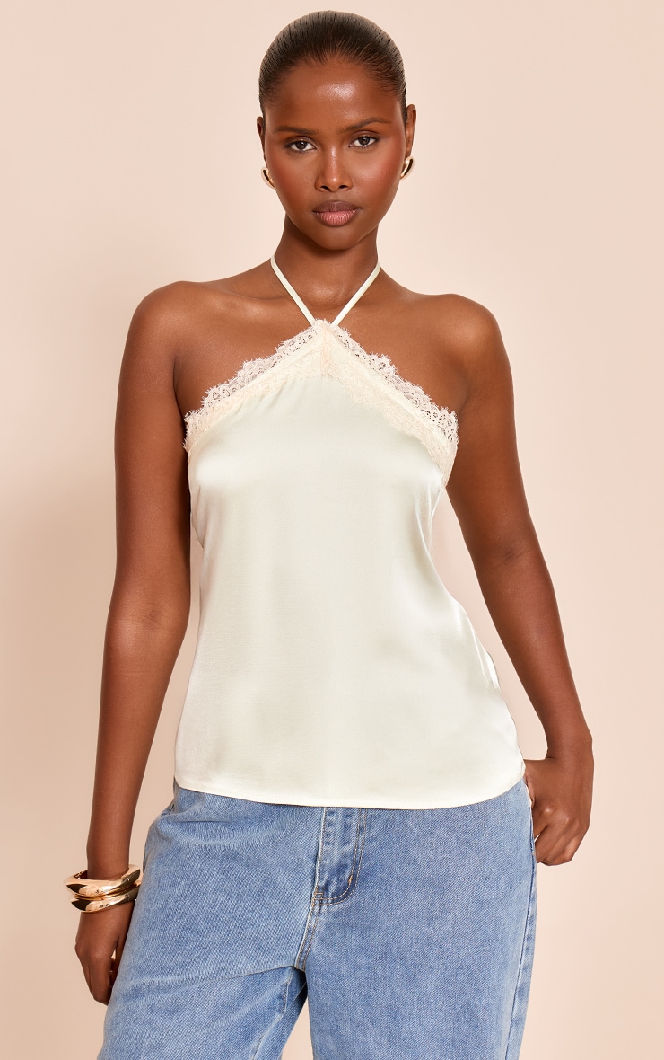 Sage Green Satin Lace Trim Halterneck Cami Top image 1