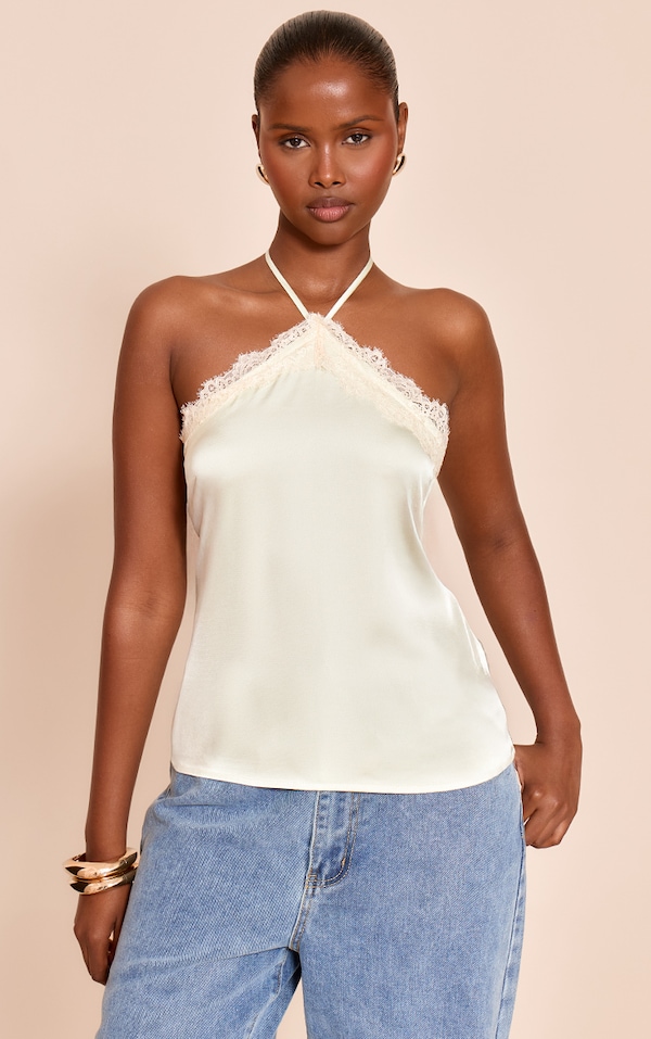 Sage Green Satin Lace Trim Halterneck Cami Top