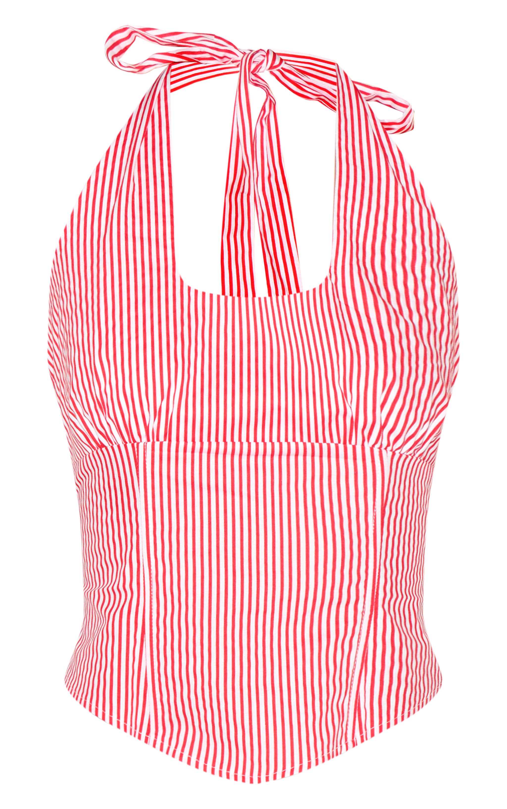 Red Striped Halterneck Dip Hem Top image 5