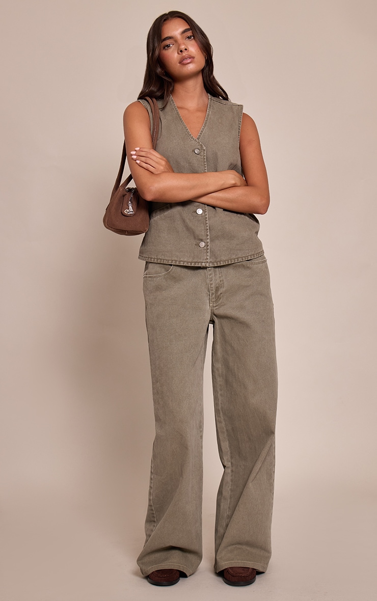 Dark Khaki Sleeveless Button Down Denim Vest image 3