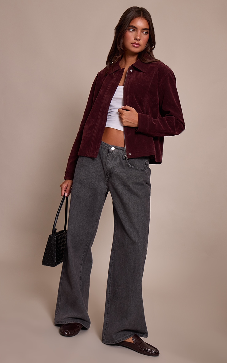Burgundy Faux Suede Concealed Placket Bomber Jacket image 3