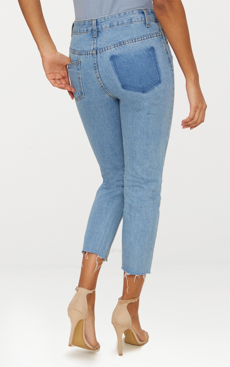 Light Wash Open Knee Raw Hem Straight Leg Jean PrettyLittleThing