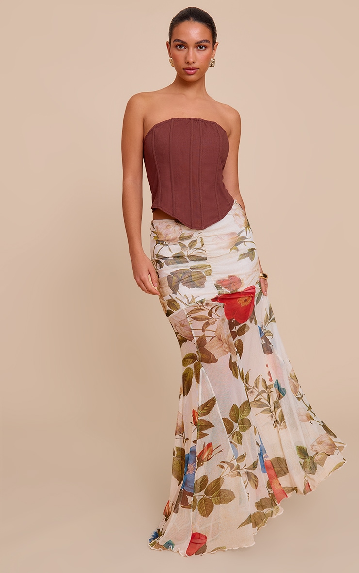 Cream Printed Mesh Overlay Maxi Skirt image 1