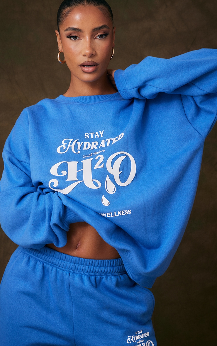 Bright Blue H2o Slogan Printed Oversized Sweatshirt image 1