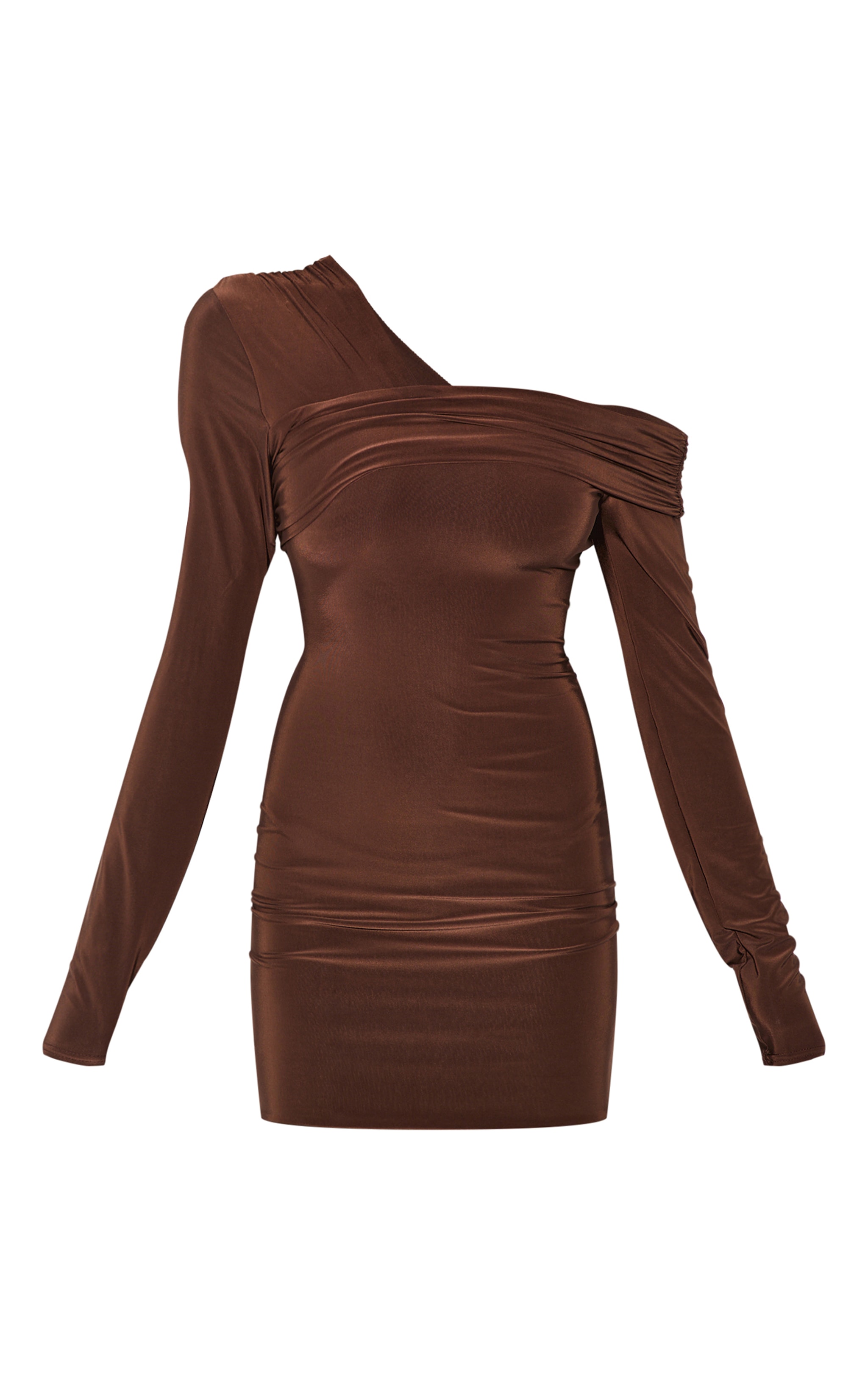 Dark Chocolate Double Layer Slinky Off Shoulder Mini Dress image 5