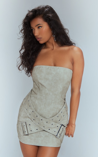 Grey Distressed PU Bandeau Belt Detail Bodycon Dress