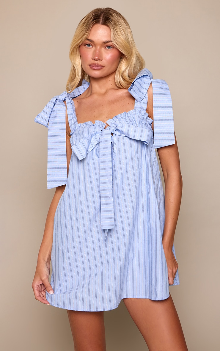 Blue Woven Pinstripe Tie Shoulder Shift Dress