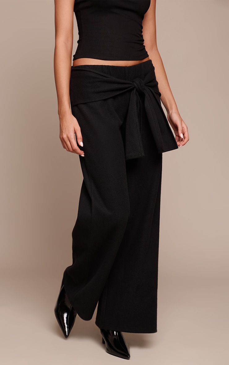 Black Heavy Rib Wrap Waist Detail Wide Leg Trousers image 2