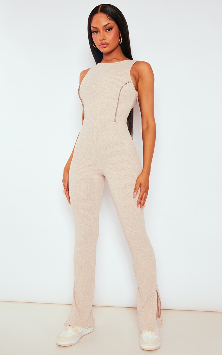 Oatmeal Seam Detail Sleeveless Split Hem Jumpsuit image 3