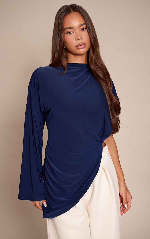 Navy Double Layer Slinky Oversized Drape Detail Long Sleeve Top 