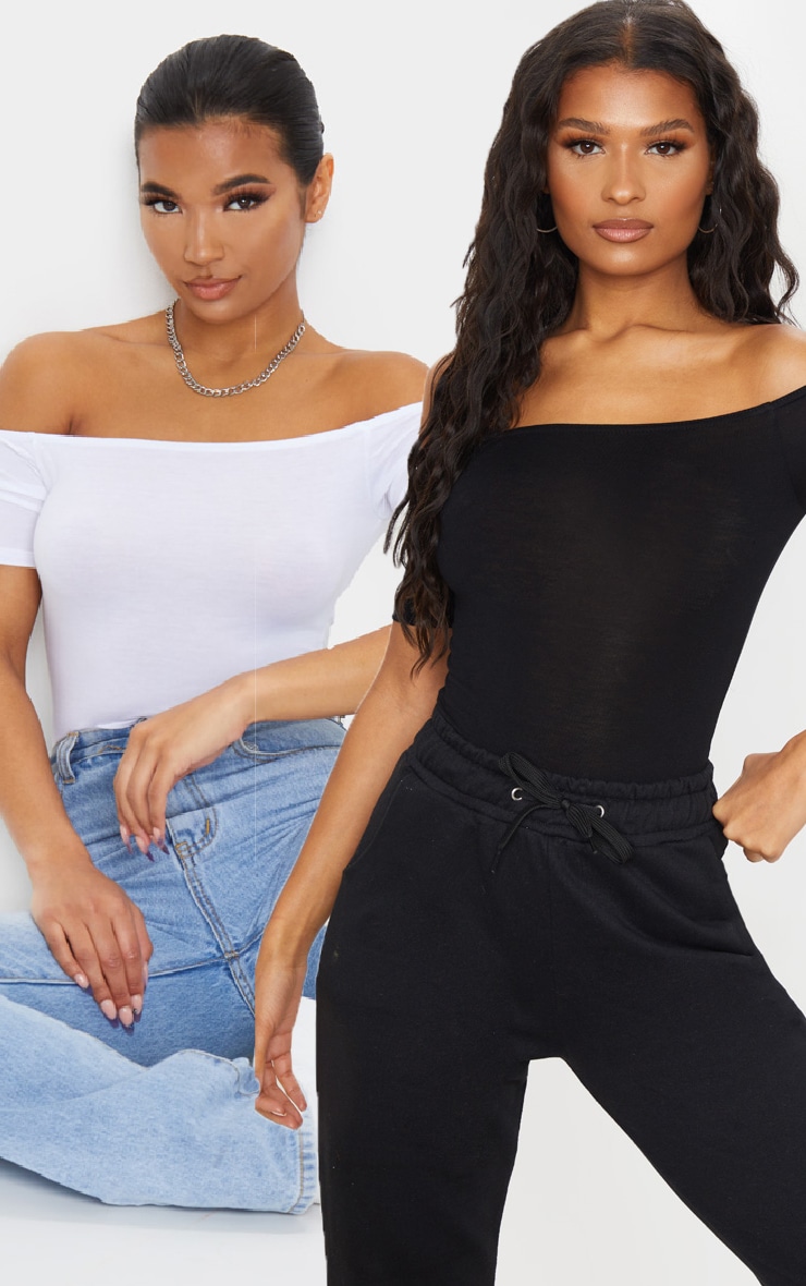 Basic Black/White 2 Pack Bardot Short Sleeve Thong Bodysuit