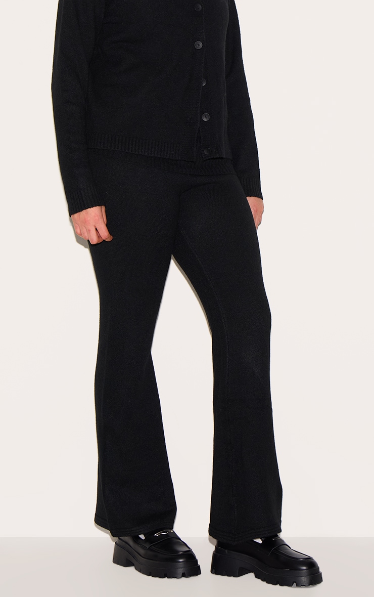 Plus Black Melange Soft Knit Foldover Waist Flared Trousers image 2