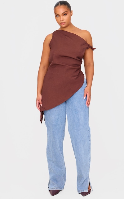 Plus Chocolate Woven Asymmetric Hem Ruched Long Top
