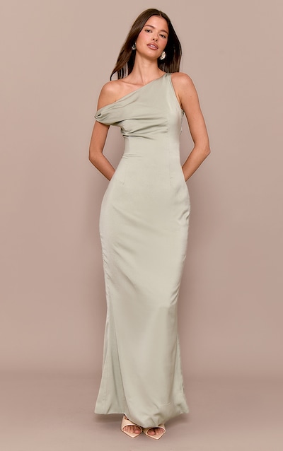Sage Green Satin Asymmetric Bardot Twist Maxi Dress