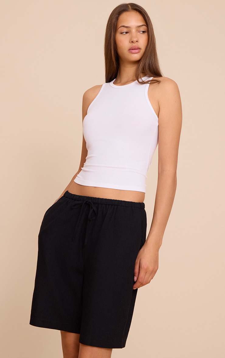 Black Linen Blend Longline Shorts image 1