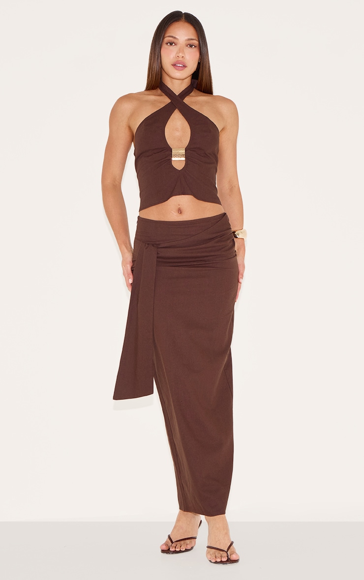 Tall Chocolate Trim Detail Halterneck Crop Top image 3