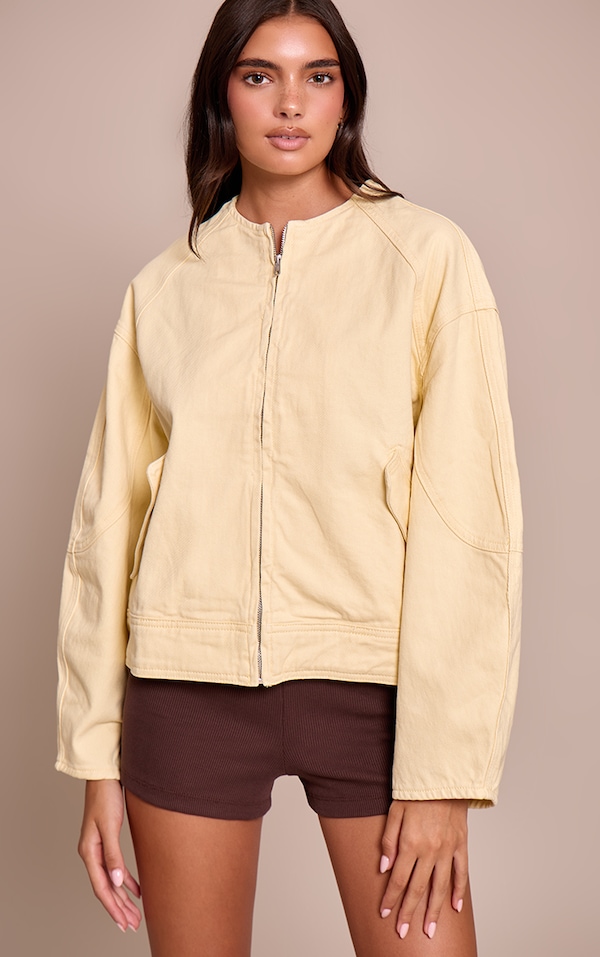 Butter Cream Round Neck Balloon Sleeve Denim Jacket