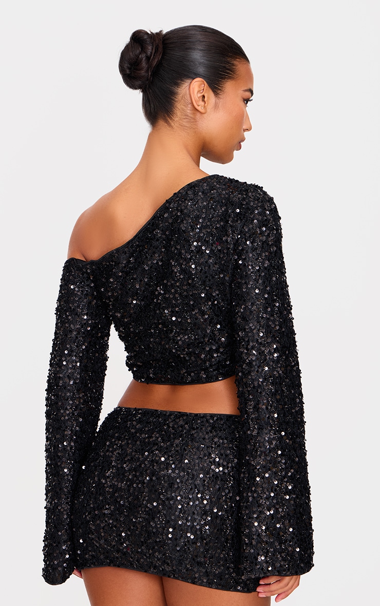 Black Textured Sequin Long Sleeve Top image 2