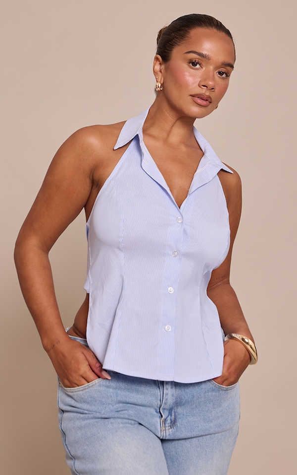 Shape Chemise bleue nouée derrière à rayures et boutons