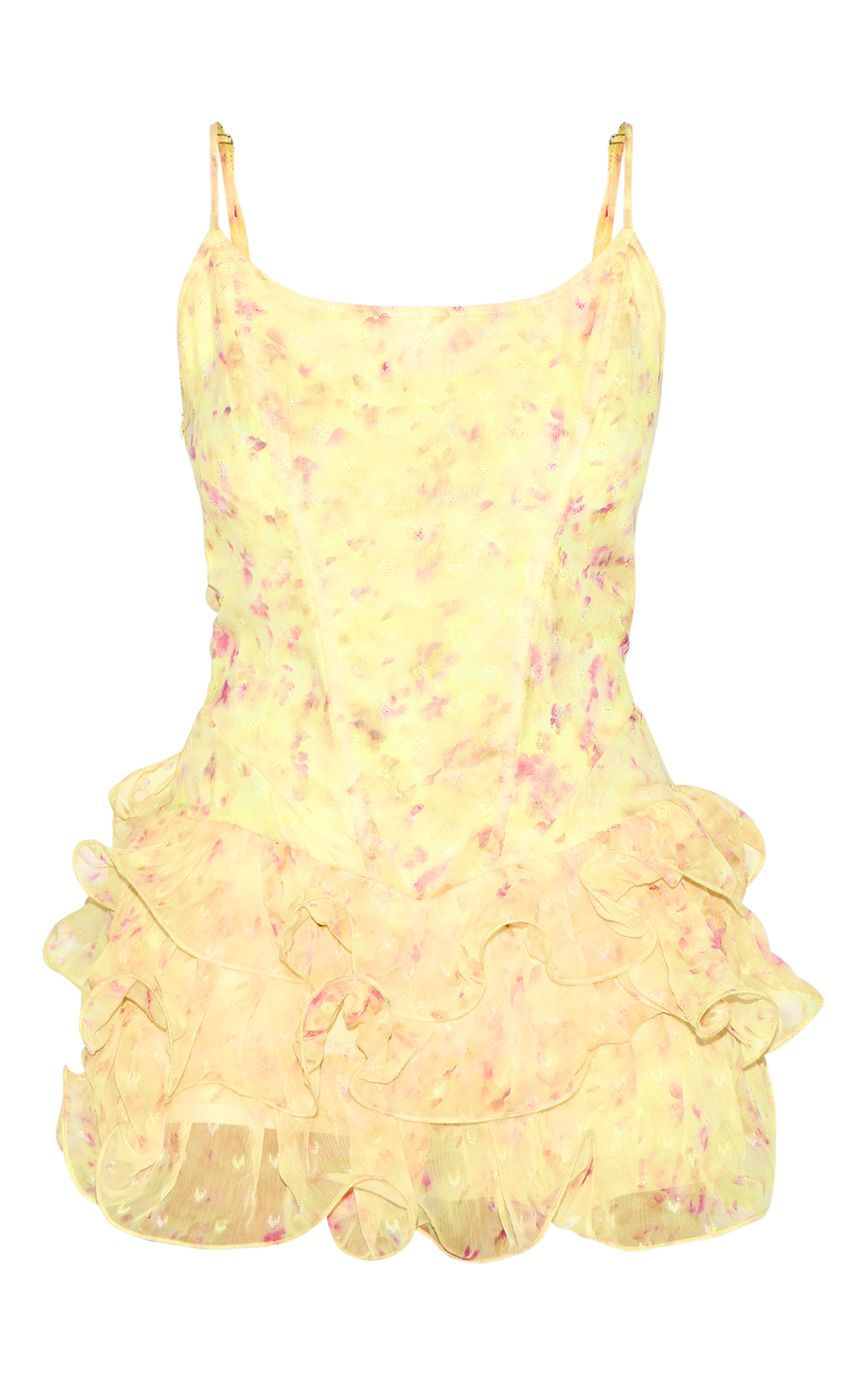 Combishort en mousseline de soie jaune citron fleurie à bretelles fines et volants image 5