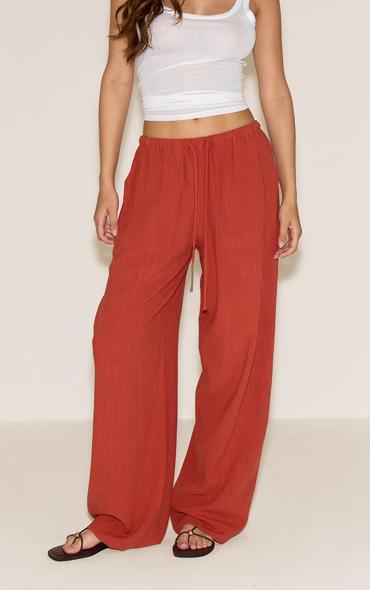 Rust Linen Blend Drawstring Tie Straight Leg Pants image 2