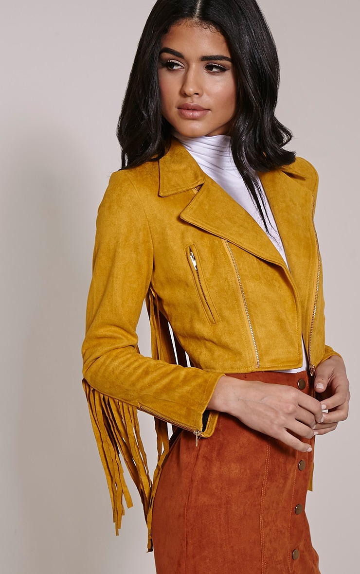 Harriet Mustard Faux Suede Biker Jacket PrettyLittleThing