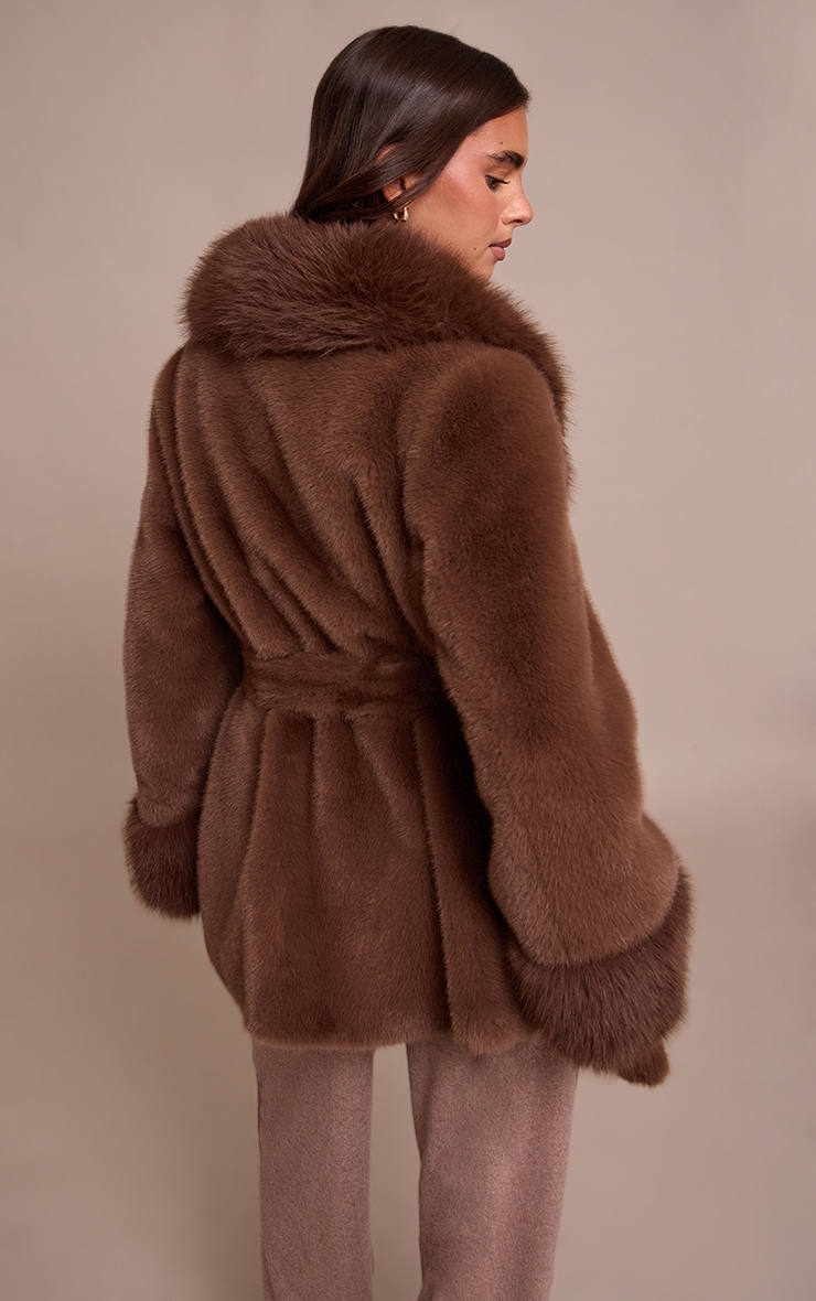 Chocolate Plush Faux Fur Self Tie Coat image 2