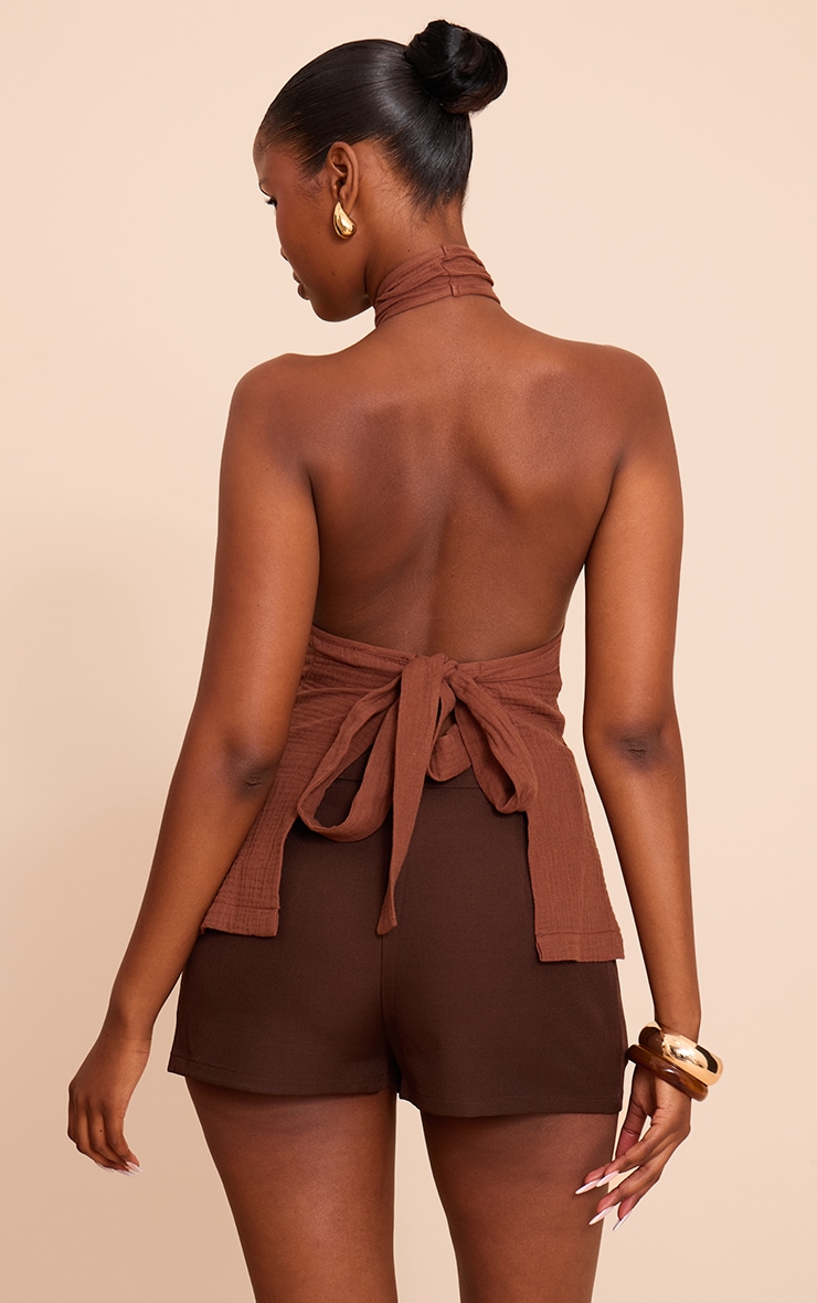 Chocolate Lightweight Woven Halterneck Trim Detail Top image 2
