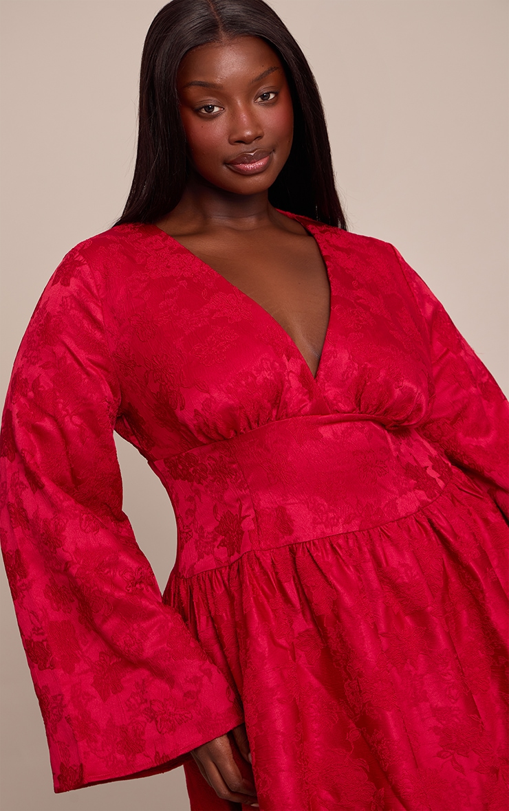 Plus Red Floral Jacquard Flute Sleeve Mini Dress image 4