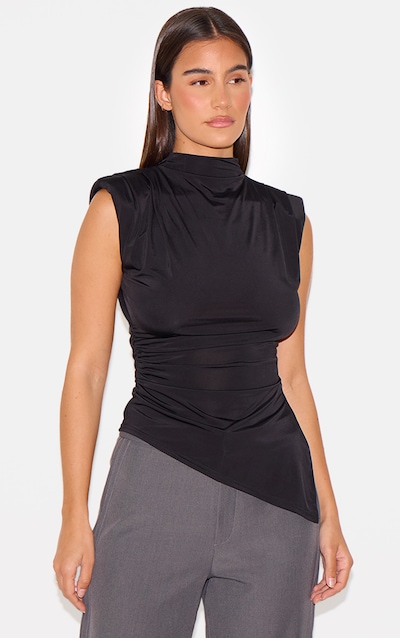 Black Slinky Shoulder Detail Long Top