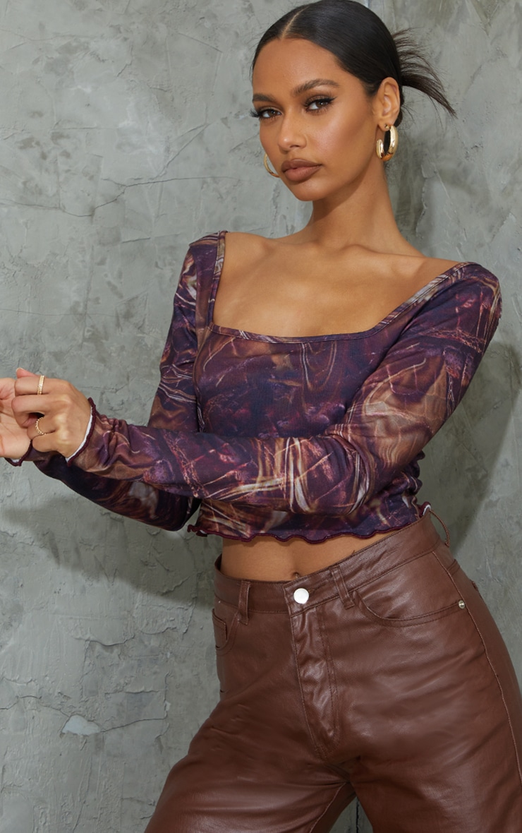 Crop top en jersey marron imprimé à manches longues