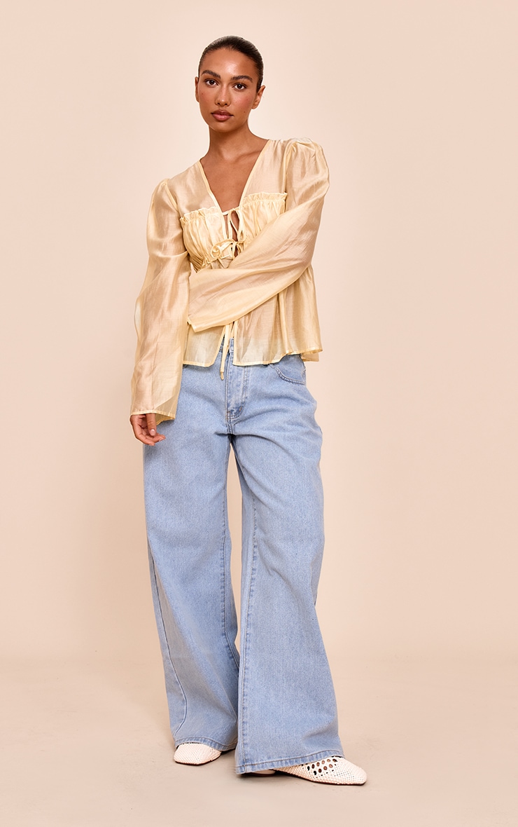 Butter Yellow Chiffon Tie Front Ruched Blouse image 3
