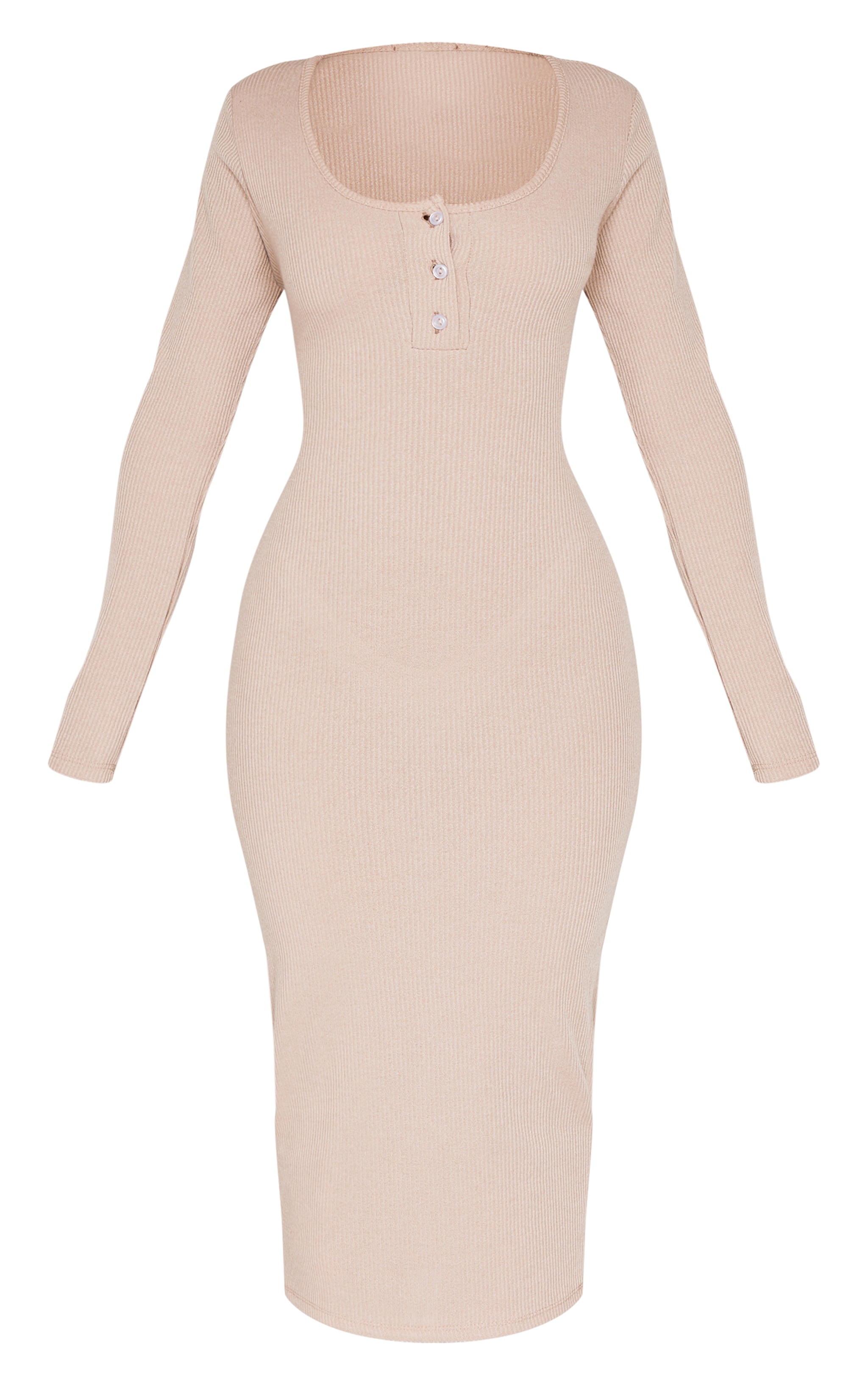 Petite Taupe Long Sleeve Brushed Rib Button Detail Midi Dress image 5