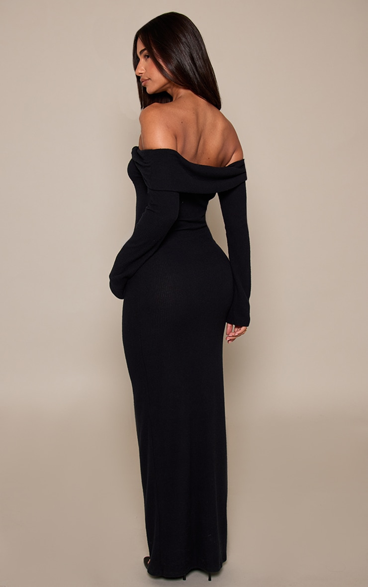 Petite Black Soft Rib Off Shoulder Maxi Dress image 2