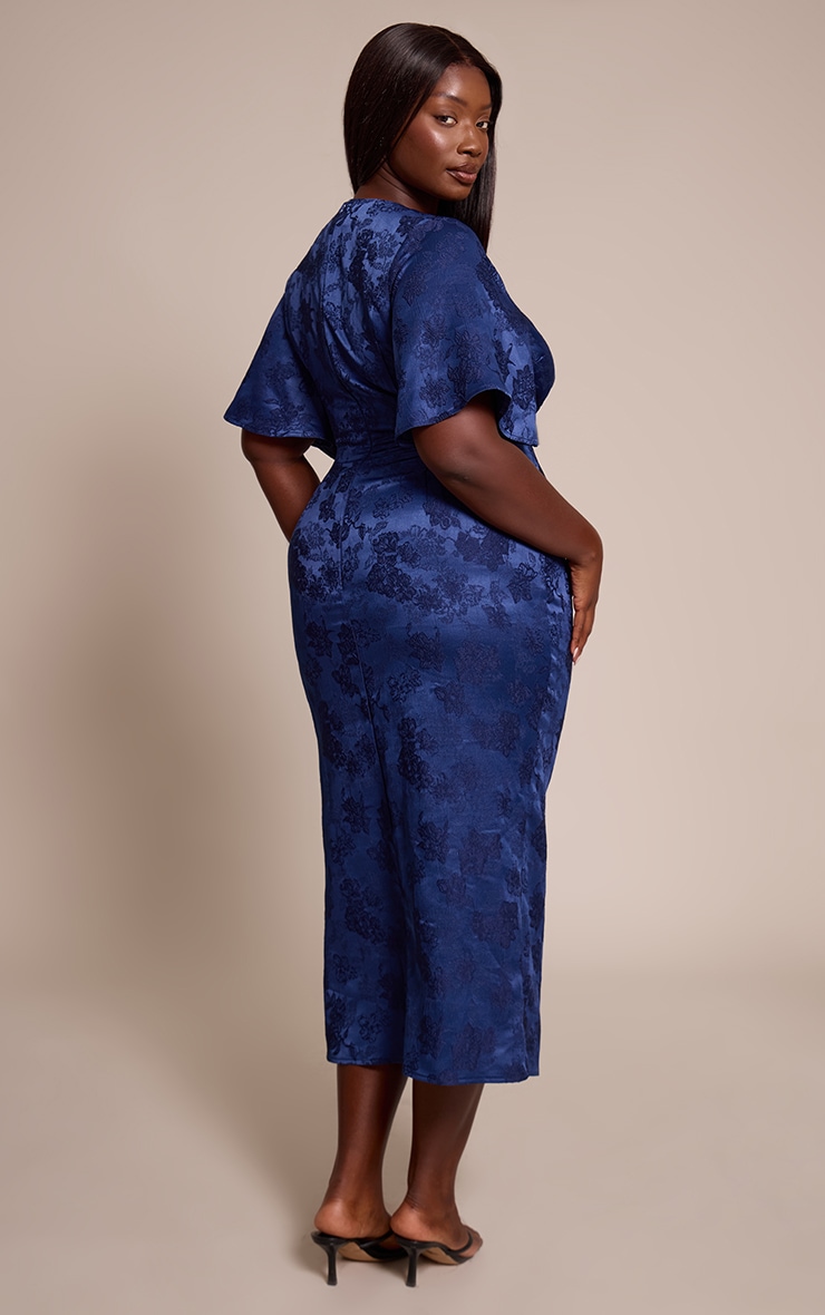 Plus Navy Floral Jacquard Puff Sleeve Plunge Neck Midaxi Dress image 2