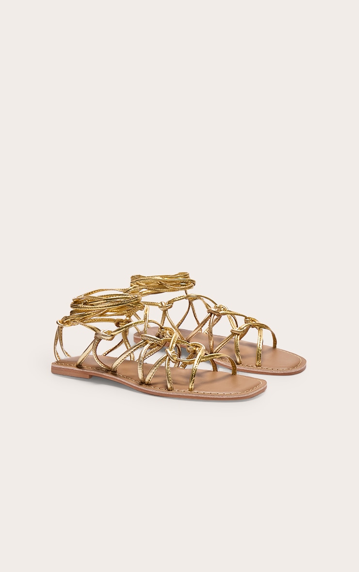 送料無料特集 | 激安の新品・型落ち・アウトレット Gold Metallic Real Leather Knotted Strap Up Sandals 靴