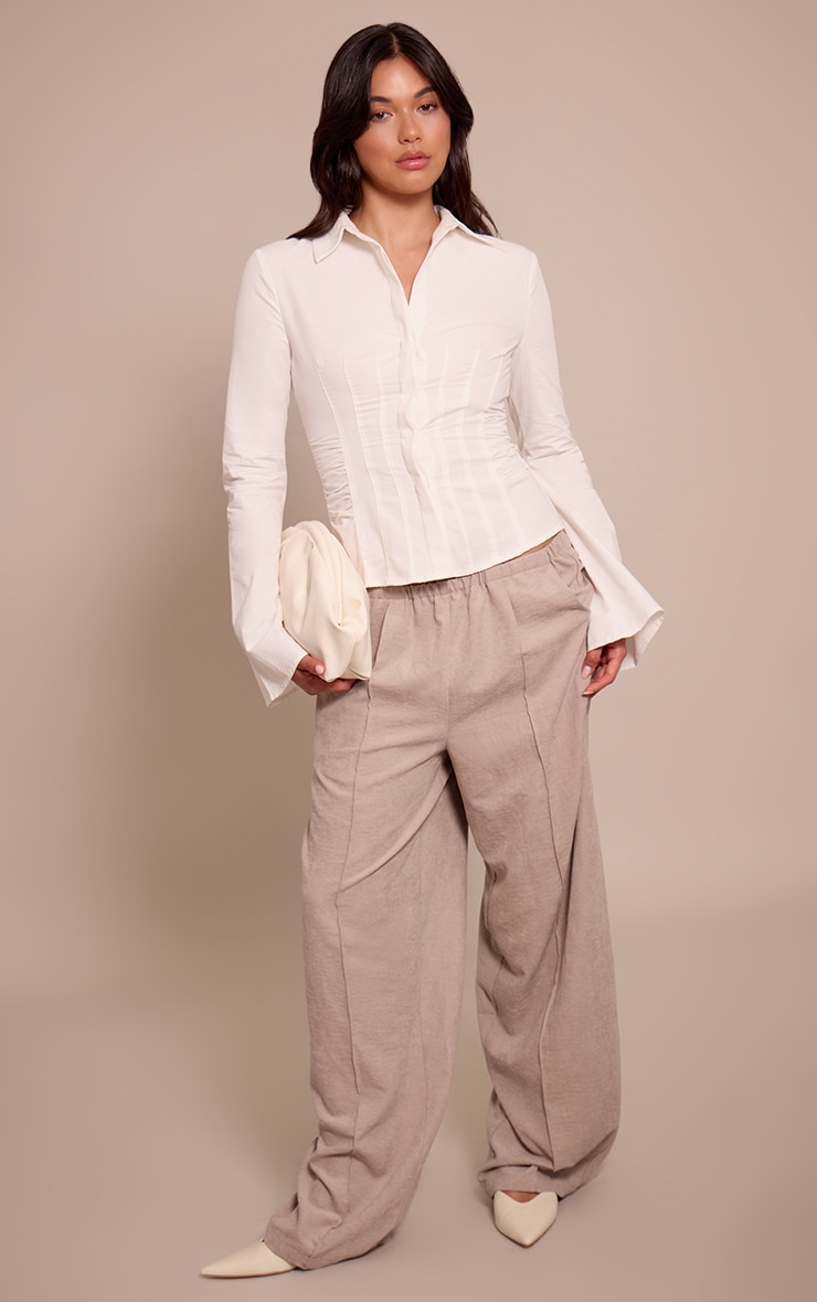 White Ruched Waist Detail Flared Sleeve Shirt image 3