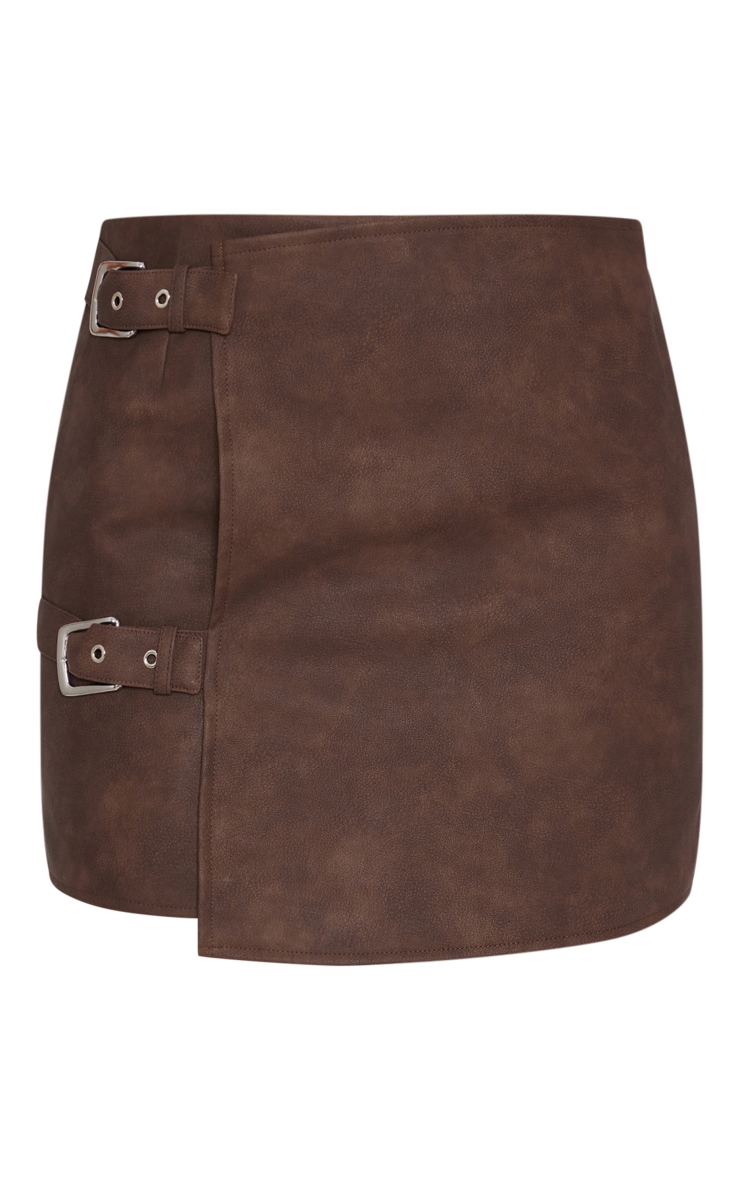 Tall Washed Brown Faux Leather Buckle Detail Mini Skirt image 2