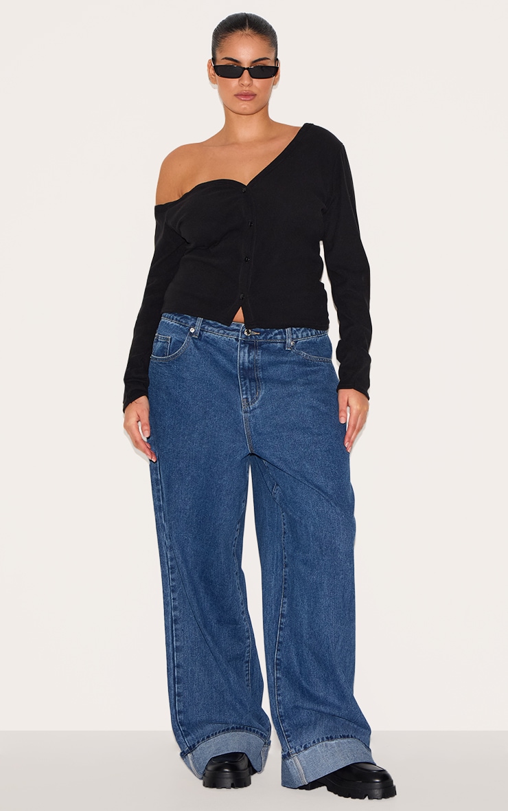 Plus Black Soft Touch Rib Asymmetric Detail Long Sleeve Top image 3