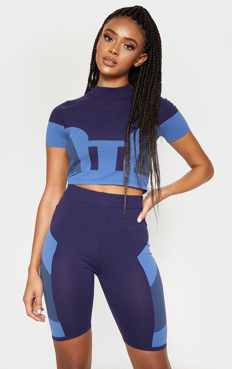 Blue Seamless Knit Short Sleeve Gym Top PrettyLittleThing IE