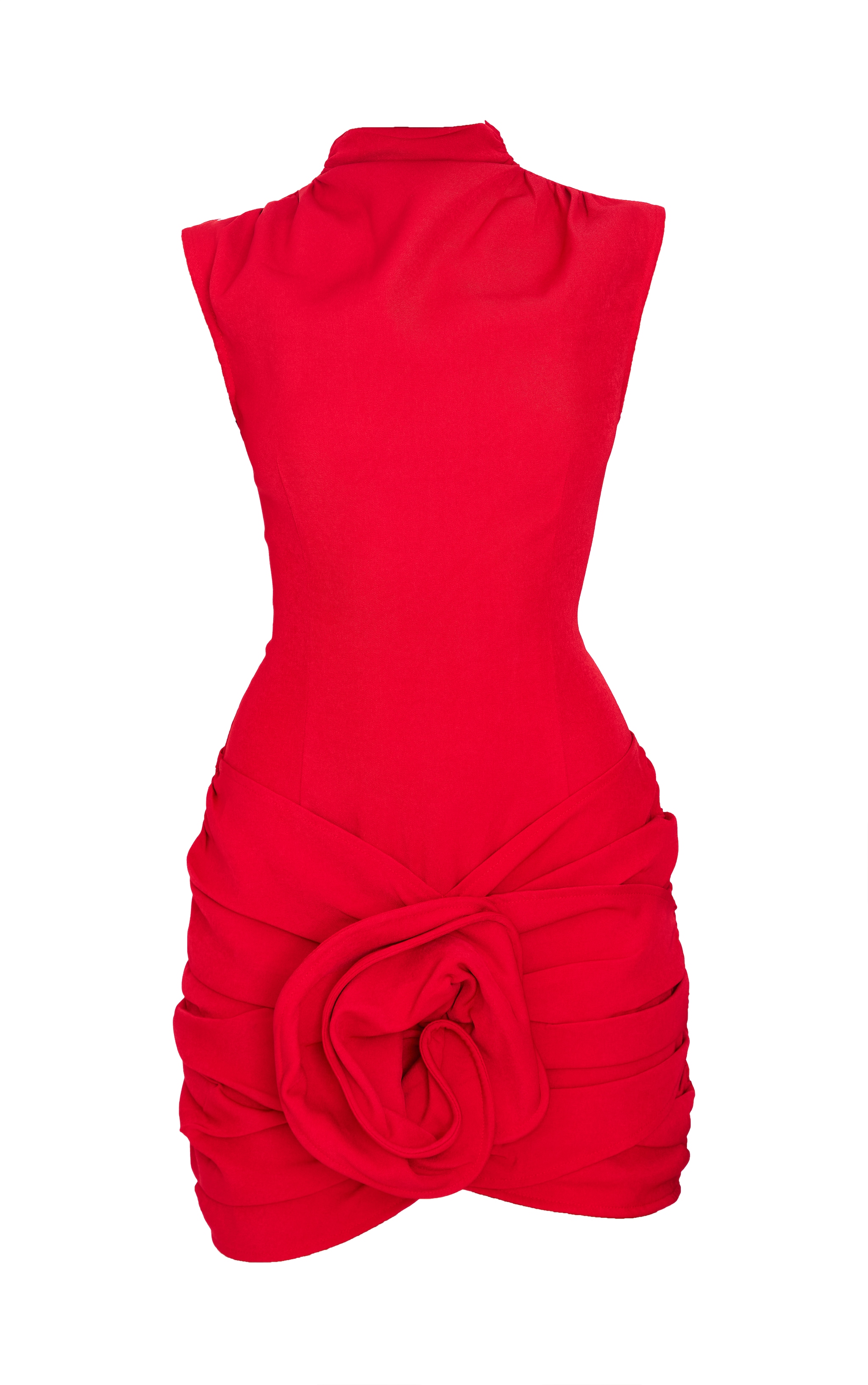 Mini robe tissée rouge froncée à col haut et détail fleur image 5
