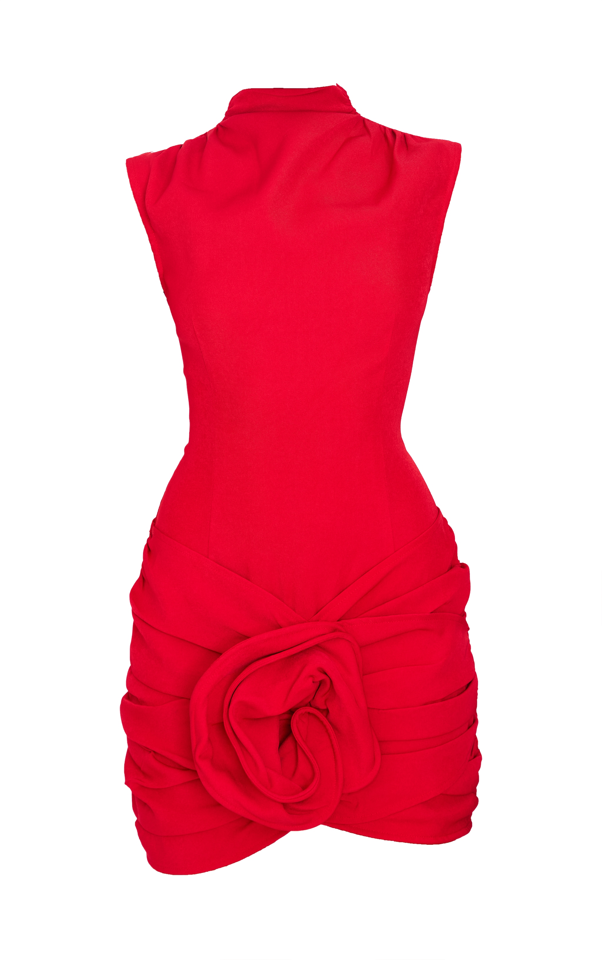 Red Woven High Neck Ruched Floral Mini Dress image 5