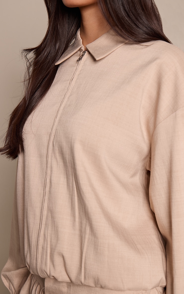 Beige Textured Woven Zip Up Jacket image 4