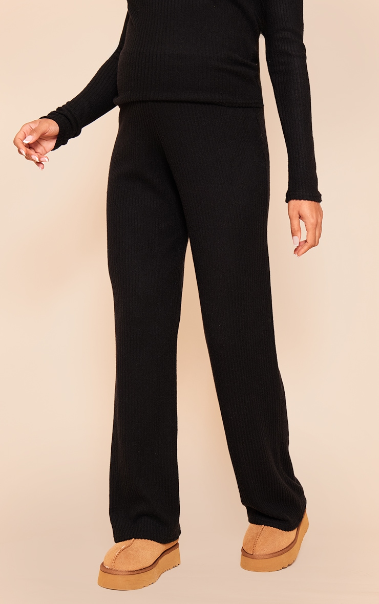 Maternity Black Soft Rib Detail Wide Leg Trousers image 2