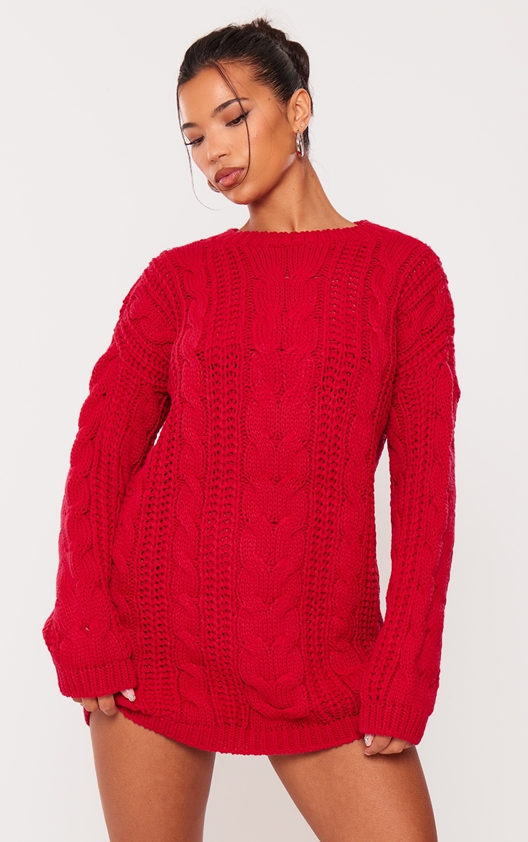 robe pull oversize en maille tricot torsadée rouge, rouge